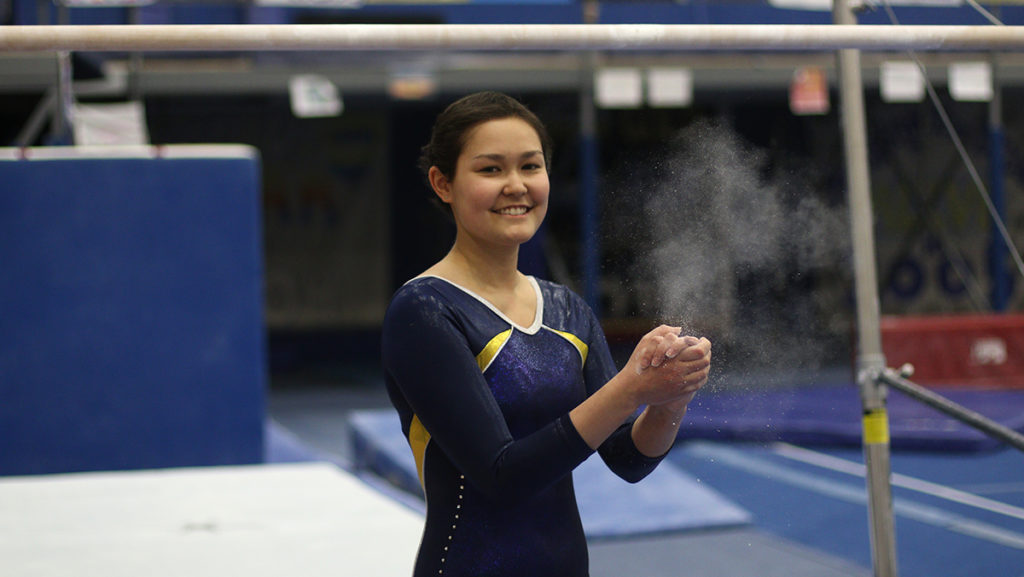 Sophomore Rachel Lee is training again after taking last year off from school and gymnastics to receive treatment. She is starting with the basics and working her way up to the harder skills. 