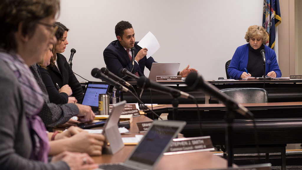 Ithaca Mayor Svante Myrick speaks during a Common Council meeting Feb. 1 in City Hall.