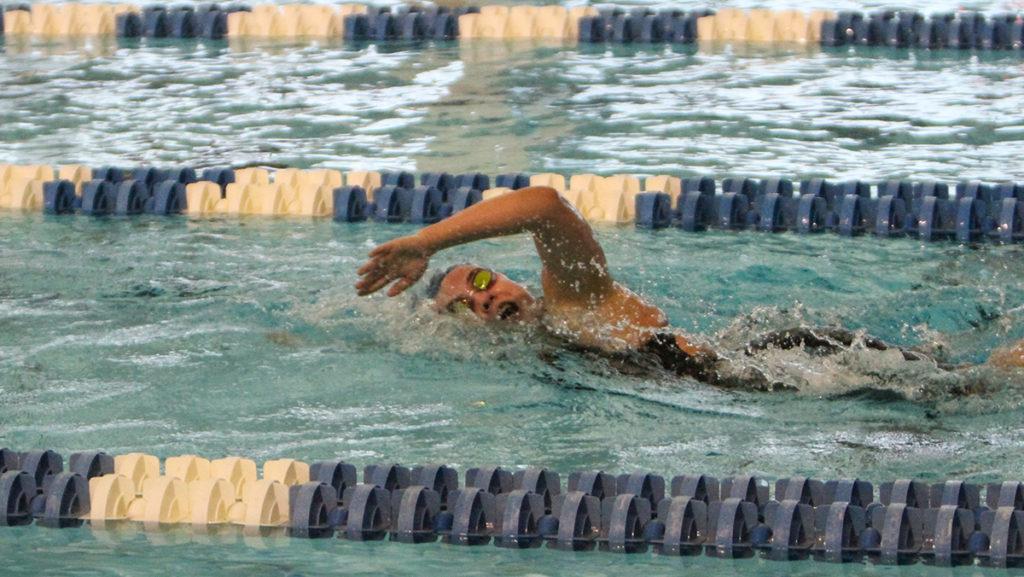 Freshman+Maura+Beuttel+finished+second+in+the+100-yard+backstroke+with+a+time+of+1%3A05.10+at+the+Ithaca+Invitational+in+the+Athletic+and+Events+Center+Feb.+11.+The+Bombers+compete+next+in+the+UNYSCSA+Championships+Feb.+15-18+in+the+Athletics+and+Events+Center.