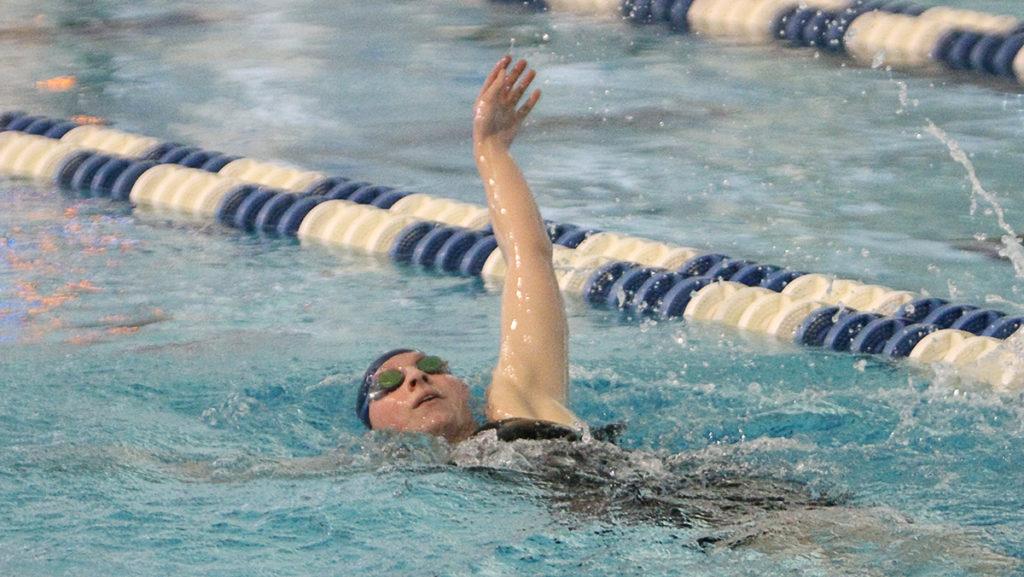 Freshmen Kaitlyn Scott competes in the 400-yard individual medley in the Ithaca Invitational Feb. 11 in the Athletics and Events Center. Scott finished first with a time of 5:01.04.