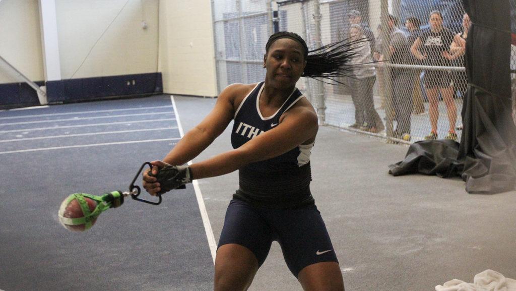 Senior Brandy Smith competes March 4 in the Eastern College Athletic Conference Championships in Glazer Arena. She placed first in the shot put and weight throw.