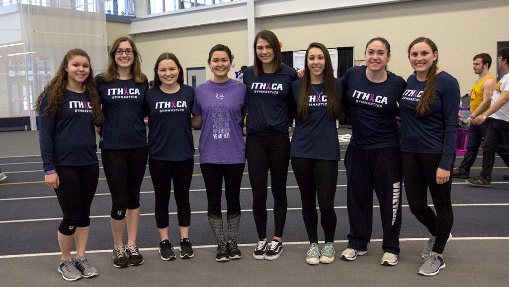 The Ithaca College gymnastics team participated in Relay for Life from 2 p.m. March 25 to 2 a.m. March 26 for the second consecutive year in support of its teammate sophomore Rachel Lee – the women in the purple shirt – who battled leukemia.