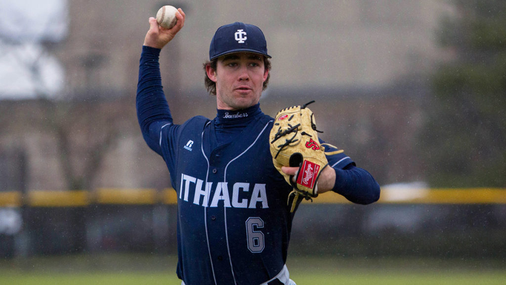 Junior pitcher Jack Morello practices his pitching at Freeman Field on March 31. Ithaca College is the fourth school the Los Angeles native has attended in the last three years.