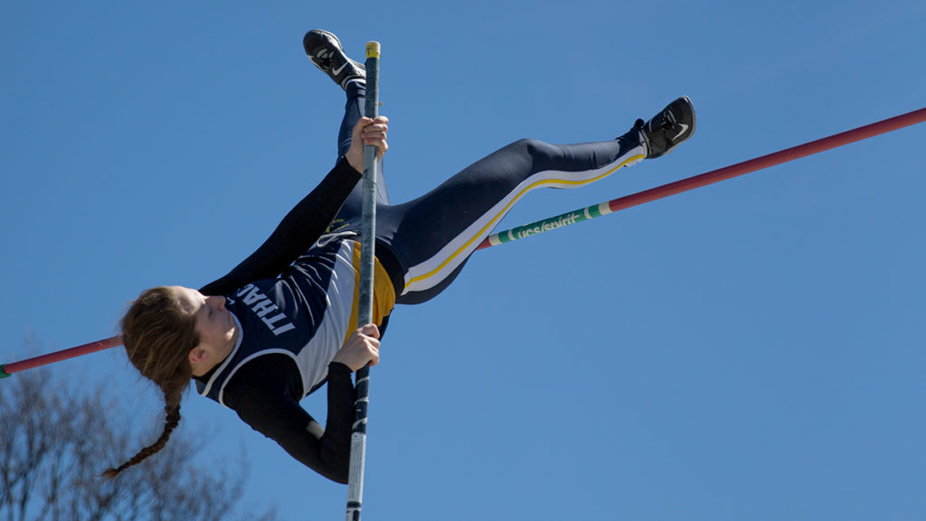 Freshman Beth Cripps competes in the pole vault April 8 at the Coach P Invitational in Bethlehem, Pennsylvania. Cripps came in second place with a mark of 3.5 meters.