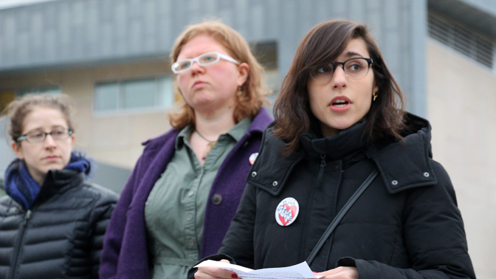 From left, Megan Graham and Sarah Grunberg, members of the  contingent faculty union, speak at a news conference March 9. 