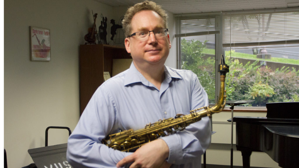 Mike+Titlebaum+is+the+saxophonist+in+his+band%2C+Music+Because+Music.+The+band+brings+together+Ithaca+College+students%2C+professors%2C+alumni+and+Ithaca+residents.+