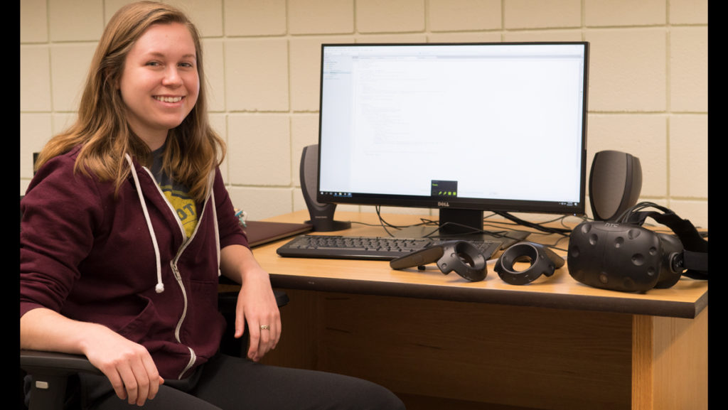 Junior emerging media major Emily Hammel received a scholarship to the Grace Harper Celebration of Women in Computing for the virtual reality game she developed to help individuals who suffer from concussions. The celebration offers women in computing the opportunity to connect with peers and experts in their field. 