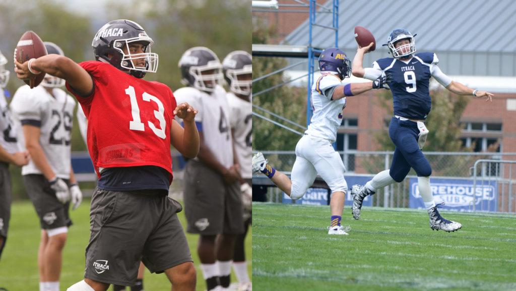 From left, freshman Wahid Nabi throws the ball at practice on Sept. 13 and senior Adam Fron passes the ball during the Bomber’s 20–17 loss to Alfred University on Sept. 2. Nabi replaced Fron in the South Hill squad’s 31–0 loss to SUNY Brockport on Sept. 9.