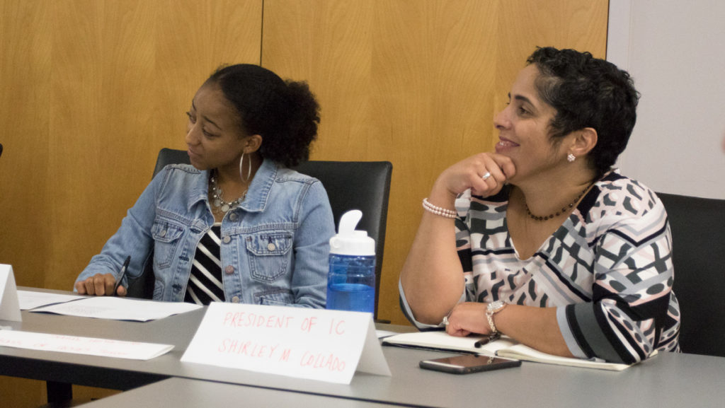 From left, junior Alyse Harris is pictured at an SGC meeting with President Shirley M.  Collado Sept. 25. Collado talked about the recently reinstated Division of Student Affairs.
