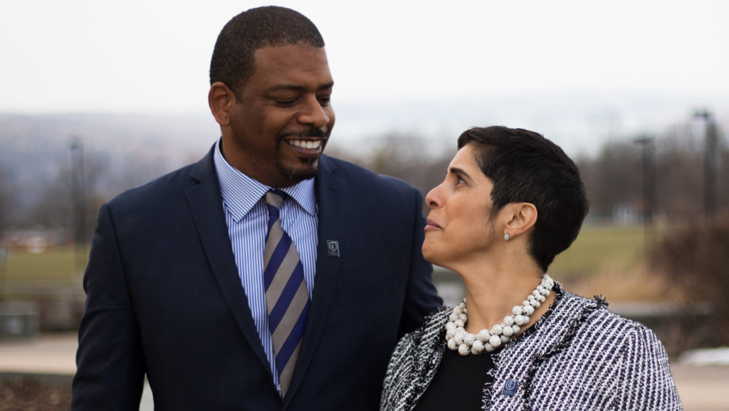 A. Van Jordan, award-winning writer and poet and visiting professor at Ithaca College for Spring 2017, stood with his wife, President Shirley M. Collado, during her campus tour on the day of her presidential announcement. 