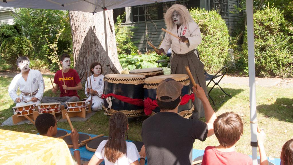 SOKE’ O. Lane, grandmaster and senior instructor of “SeiDako” taiko drumming, a combination of Asian, African and Latin drumming rhythms, leads Ithaca’s first  professional taiko group, established in 1996, at Streets Alive! on Sept. 17.