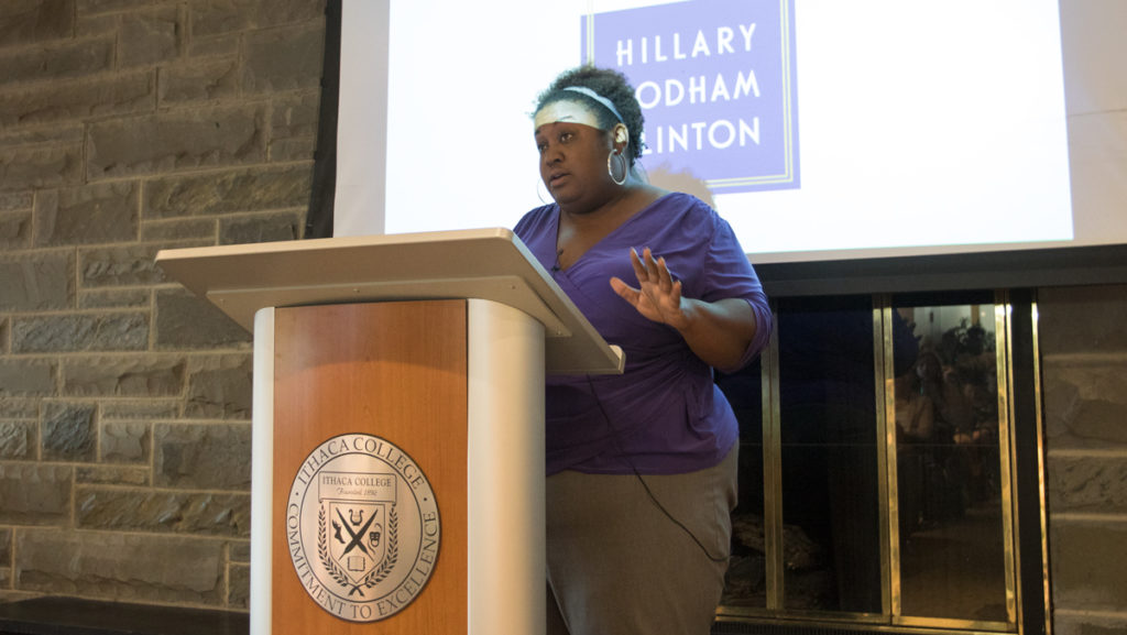 Brittney Cooper, associate professor of women’s and gender studies and Africana studies at Rutgers University, discussed intersectional feminism and politics Sept. 26 at Ithaca College.