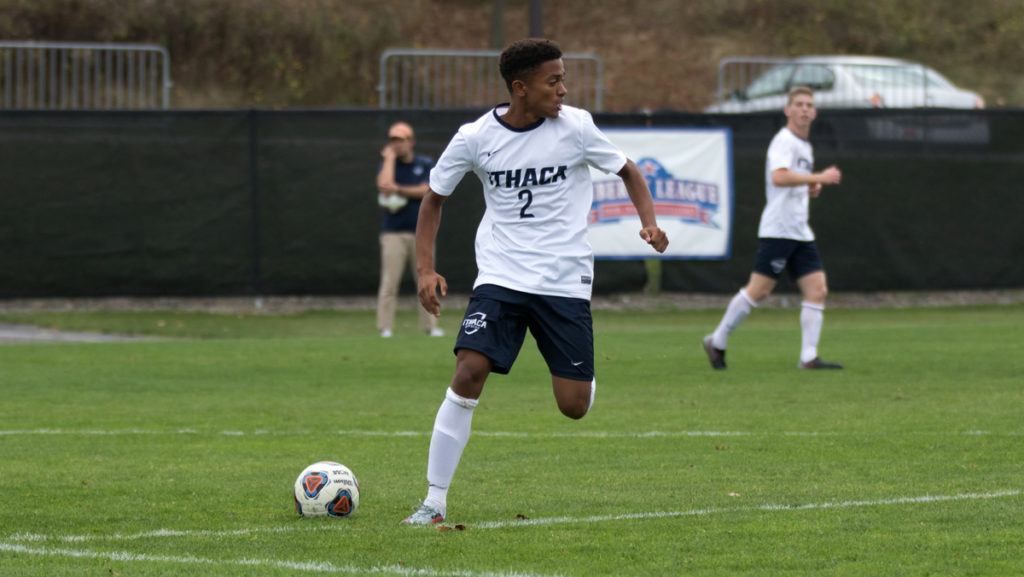 Freshman striker Marques Wright looks for where he can kick the ball during the Bombers’ win against Bard  College on Oct. 7 with a score of 5–0. Wright was a walk-on to the men’s soccer team in the 2017 season.