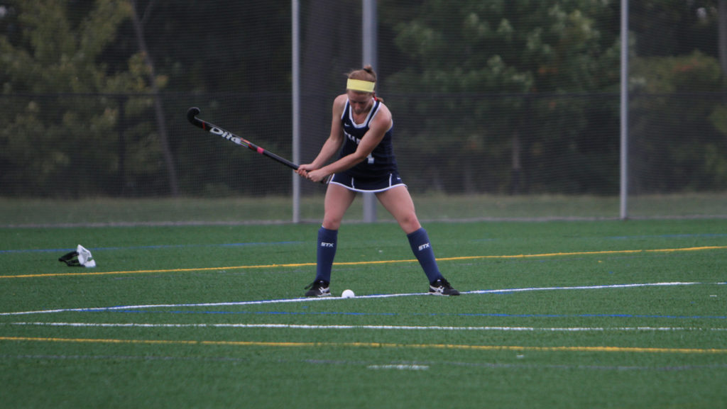 Freshman striker Arleigh Rodgers prepares to hit the ball during the Bombers game Sept. 13 against Hartwick College at Higgins Stadium. The Bombers defeated the Hawks 3–1.