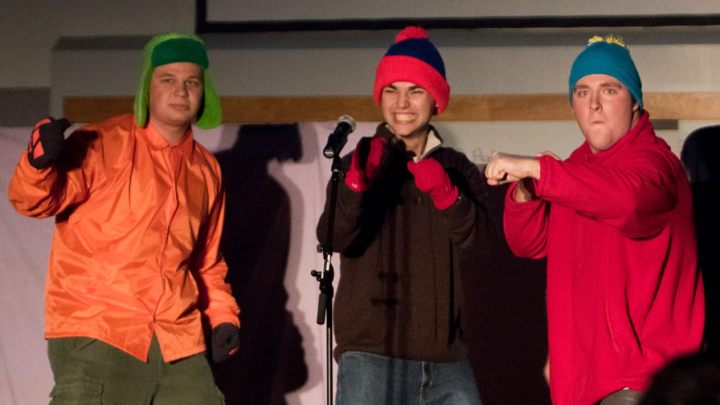 From left, sophomore Joshua Isaac, freshman Nick Ryan, and sophomore Lucas Hickman act in “South Park: Bigger, Longer & Uncut that was held at the college in Fall 2017. Isaac is one of the founders of the new theater group on campus, Theatrists Theatrics. 