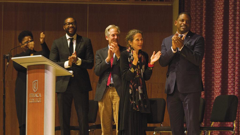From left, writers Crystal Williams, Mitchell S. Jackson, Michael Collier, Julia Alvarez and A. Van Jordan clap at the end of the performance. Van Jordan personally invited each writer.