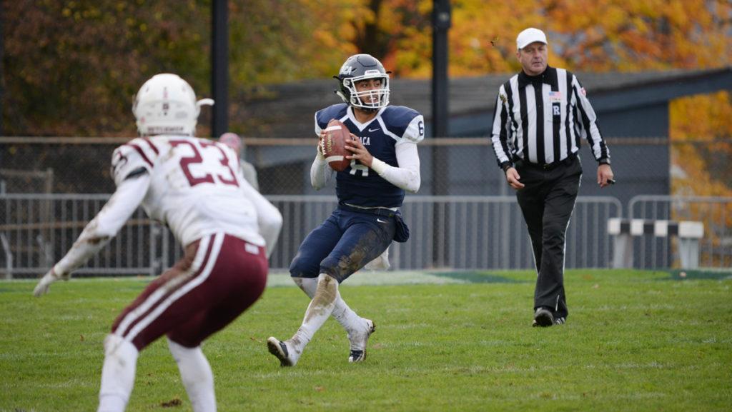 Freshman quarterback Wahid Nabi drops back from the snap and looks for an open receiver during the Bombers game against Union College Nov. 4. The Bombers defeated the Dutchmen 20–3 at home.
