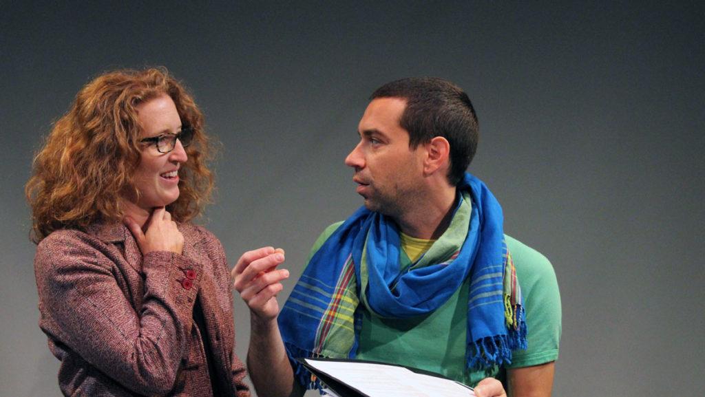 From left, director Wendy Dann and actor Karl Gregory work on a scene in “Every Brilliant Thing.” The play encourages audience participation and addresses themes of mental illness.