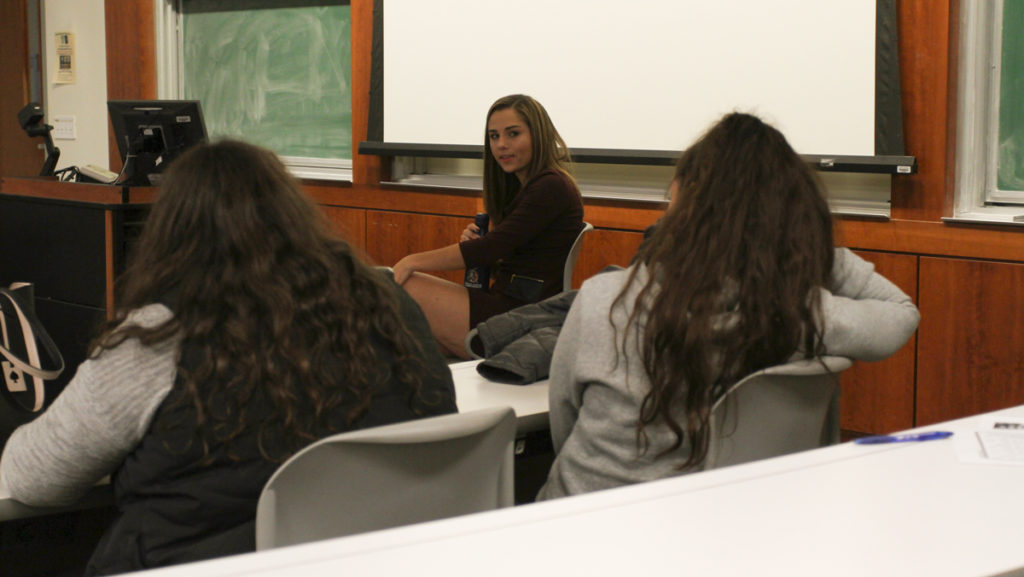 Jenna Harner ’16, sports anchor at WENY News in Elmira, New York, talked to Ithaca  College’s chapter of the Association for Women in Sports Media at its first meeting Nov. 7. 