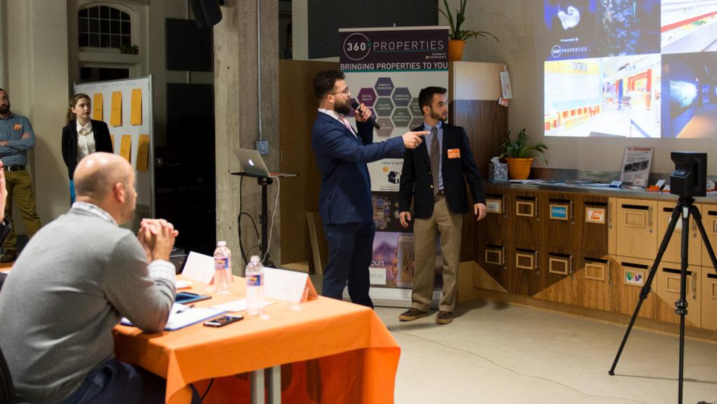 From left, Johnny Bello ’16 and senior Justin Bober presented their business, 360 Properties LLC, at the second annual Startup Idea Demo Day hosted by Rev: Ithaca Startup Works. It provides property owners with a virtual three-dimensional tour of a property and was awarded $700.