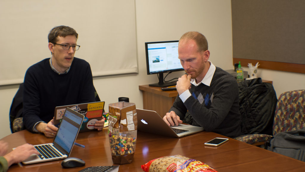 Dave Cameron ’96, senior web strategist,  and Brian Bessire, digital strategist, talked in a meeting held by the web  development team. The new website will be tested internally within the coming weeks.  