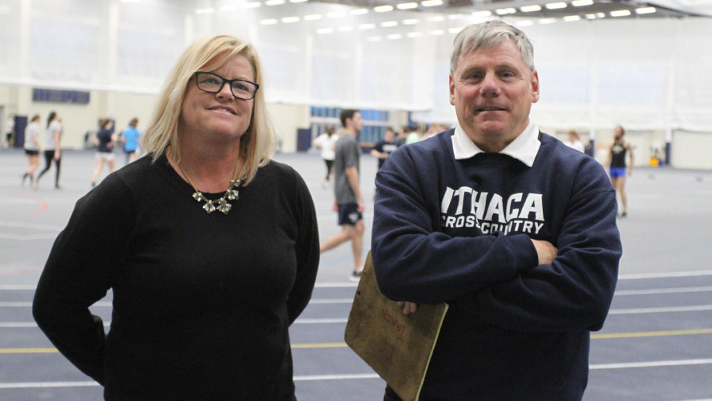 From left, Jennifer Potter, womens track and field head coach, and Jim Nichols, mens track and field head coach, helped form the All-Atlantic Conference the past three years.