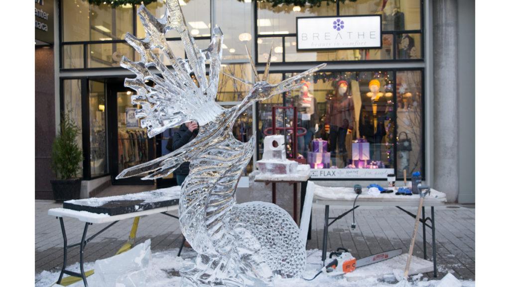 The annual Downtown Ithaca Ice Festival and Chowder Cook-off were held on The Commons from Dec. 7 to 9. Ice carvers competed for $9,000 in prizes in  speed-carving and carve-and-deliver competitions. Jerry Perron made this sculpture. 