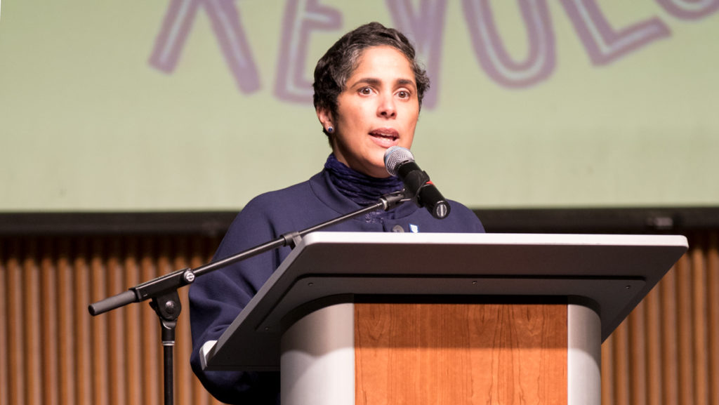 Ithaca College President Shirley M. Collado speaks at a MLK Week event Jan. 23. 