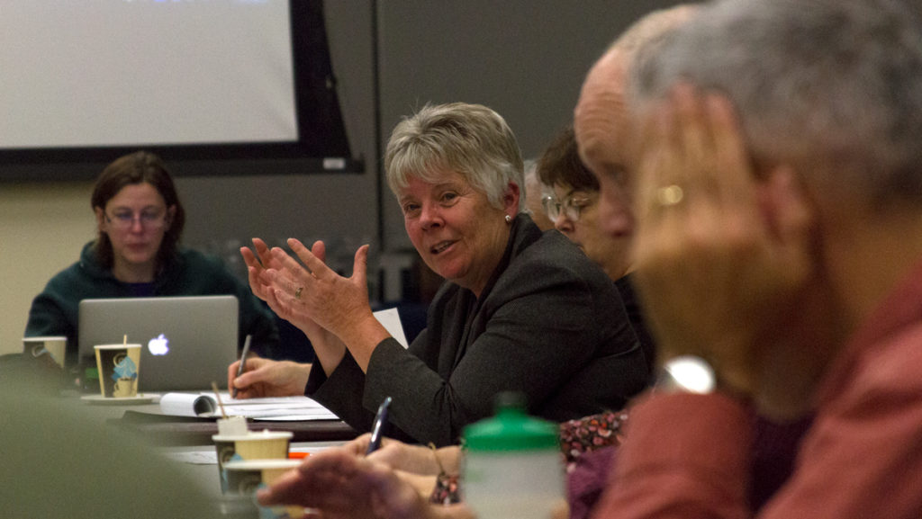 Nancy Pringle, executive vice president and general counsel at Ithaca College, speaks at the college’s Faculty Council meeting Jan. 23. The search committee is looking to fill her position because she is retiring.