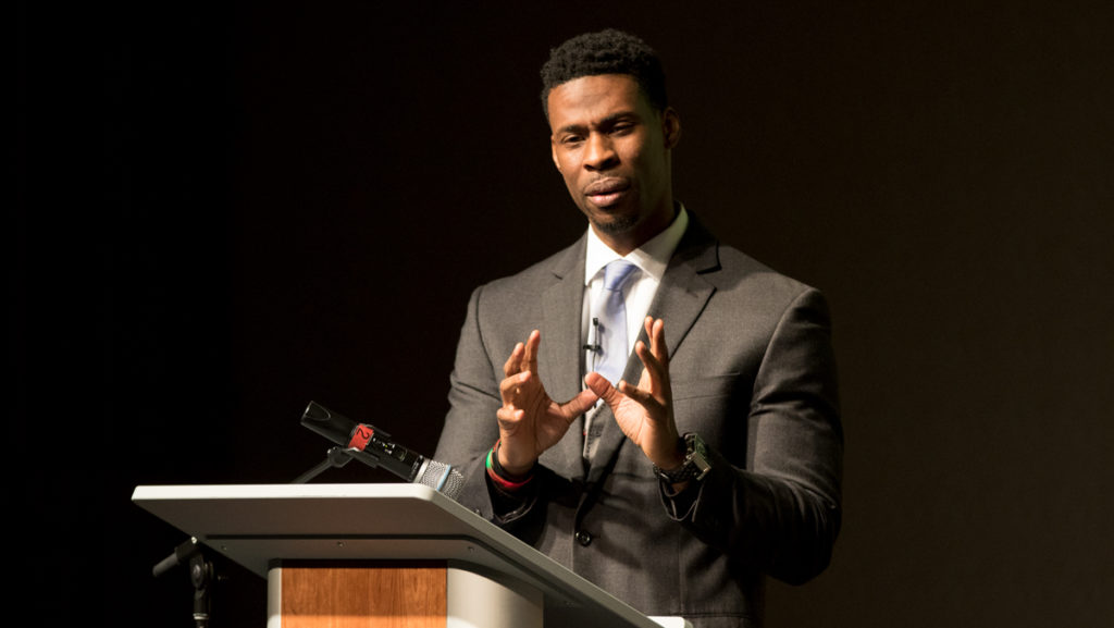 Marlon Peterson, an African-American activist, gives the keynote presentation at the Ithaca College MLK Week 2018. Peterson shares his personal experiences with incarceration.