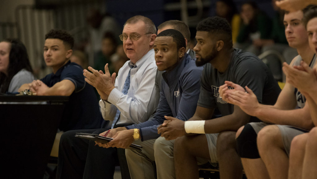 Jim Mullins earned his 308th win as head coach of the ithaca College men’s basketball team in the Blue and Gold’s 82–67 victory over St. Lawrence University on Jan. 12.