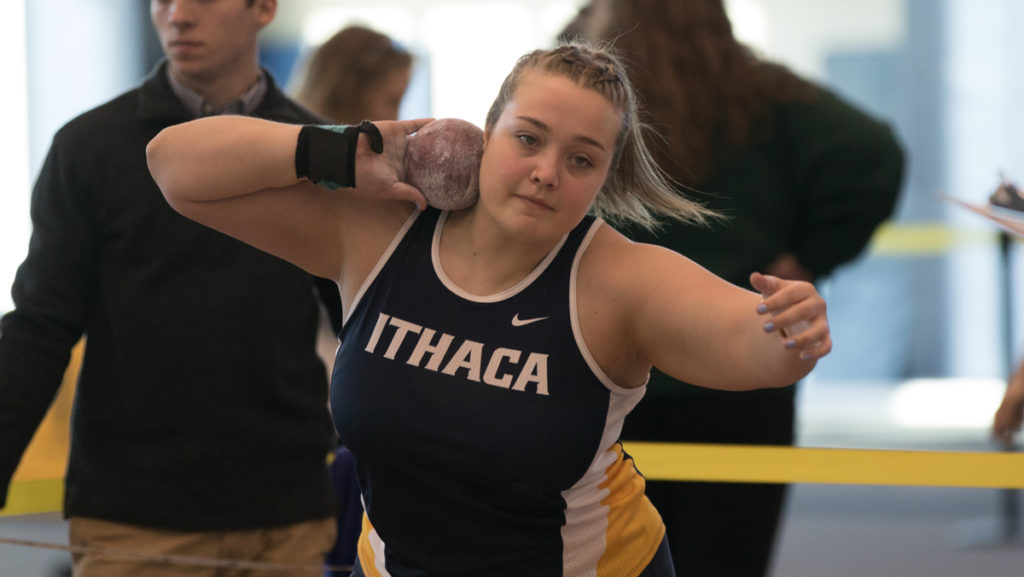 Senior thrower Caitlin Noonan shot puts during the Bombers victory in the Ithaca College Quad Jan. 20 at the Athletics and Events Center