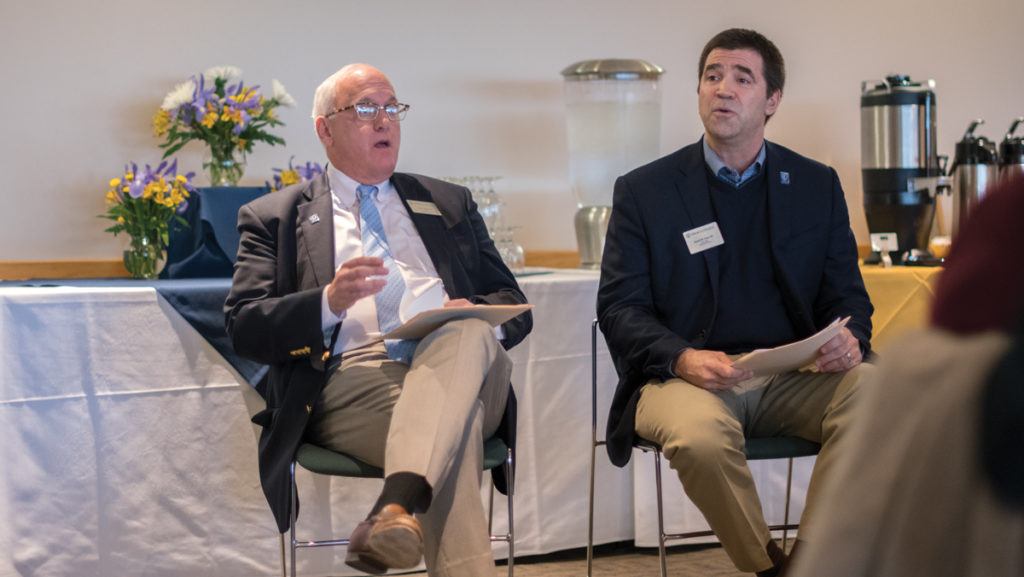 From left, Tom Grape, chair of the Ithaca College Board of Trustees, and Vice Chair David Lissy held an open conversation session Feb. 15. The board of trustees helps finalize the budget.