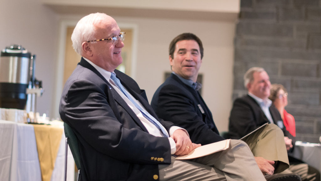 From left, Tom Grape, chair of the Ithaca College Board of Trustees, and Vice Chair David Lissy held an open conversation session Feb. 15. The board of trustees was on campus for two days of meetings.