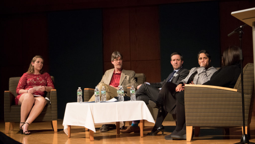 From left, junior Grace Elletson; Luke Keller, Dana professor in the Department of Physics and Astronomy; Jeff Selingo '95, member of the board of trustees; President Shirley M. Collado; and Orinthia Montague, Tompkins Cortland Community College president, discuss trends in higher education.
