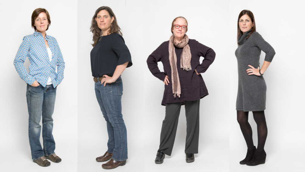 From left, Kati Lustyik, associate professor in the Department of Media Arts, Sciences and Studies; Paula Turkon, assistant professor in the Department of Environmental Studies and Science; Amy Quan, instructor in the Department of Writing; and Julie Dorsey, associate professor in the Department of Occupational Therapy.