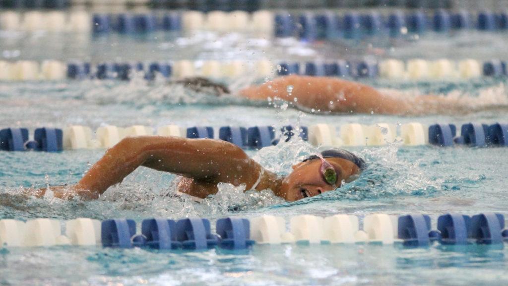 Freshman Morgan Hoffman-Smith swims against Union College on Feb. 3 at the Athletics and Events Center.
