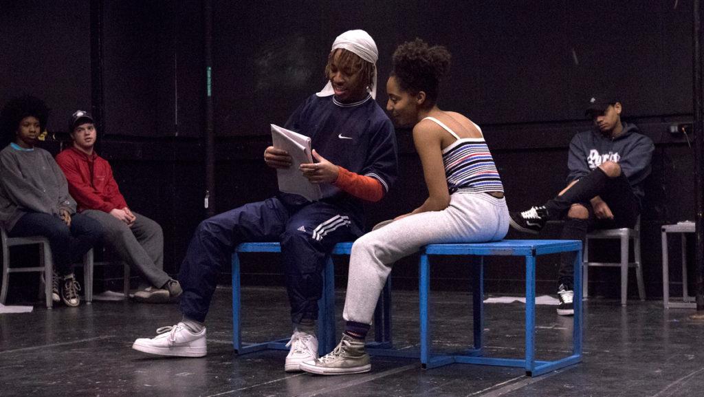 Sophomores Kellik Dawson, playing the role of Dani, and Erin Lockett, playing the role of Lala, rehearse a scene from the show K-I-S-S-I-N-G. The show will run from Feb. 23 to March 3. 