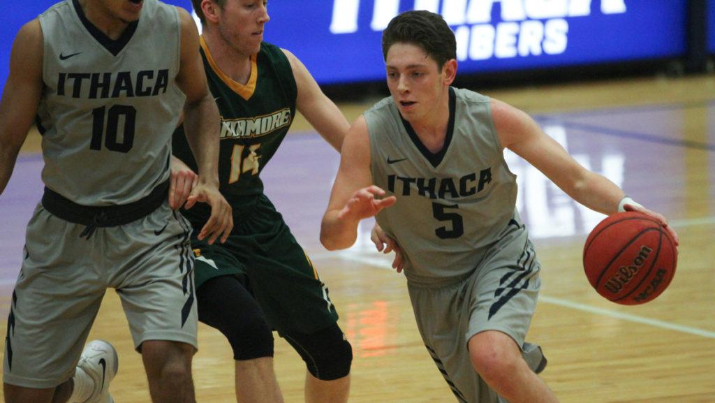 Sophomore guard Riley Thompson drives to the basket in the Bombers 68–62 loss to Skidmore College on Feb. 20.
