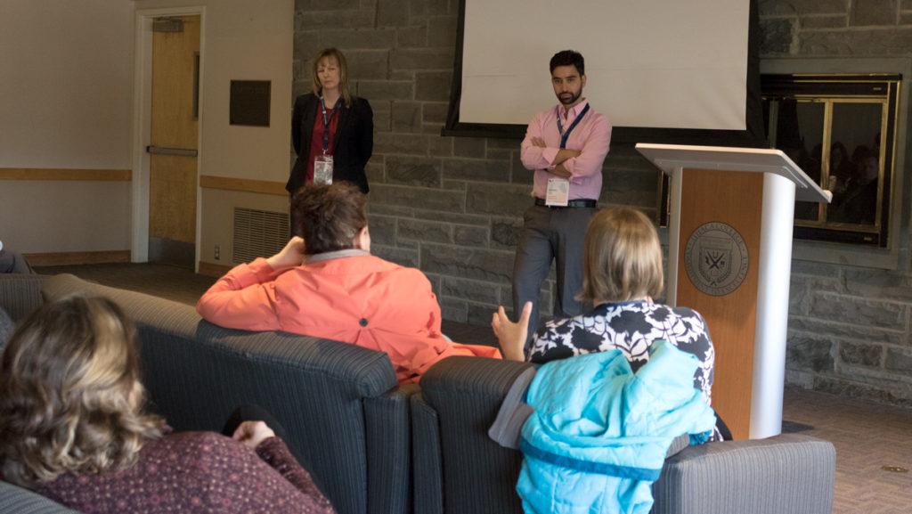 From left, Kathryn Morris, provost and vice president for academic affairs at Butler University, and Mario Herane, vice president for development at Universidad Mayor, spoke with staff on Feb. 27. 