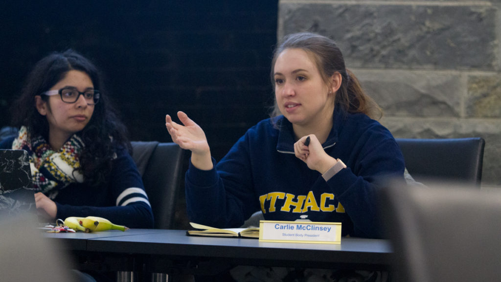 From left, Senate Chair Farwa Shakeel and SGC President Carlie McClinsey talk at the SGC meeting Feb. 6. 