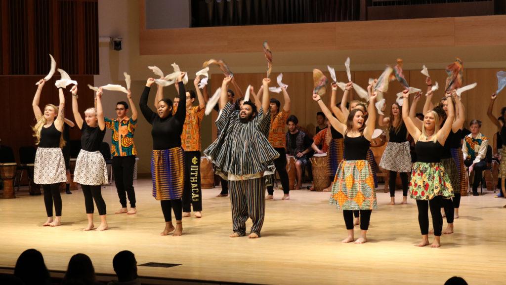 The West African Drumming and Dance Ensemble dances to songs including Gota. CAROLINE BROPHY/ THE ITHACAN