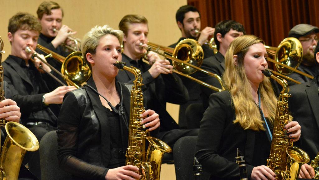 The Ithaca College Jazz Ensemble plays the music of jazz artist Thelonious Monk on March 4 in Ford Hall. The ensemble performed the concert entirely as “head charts,” or music learned by ear and performed without the aid of written sheet music. 