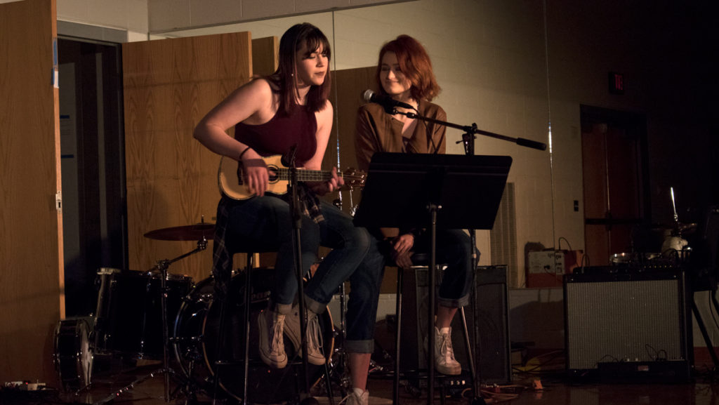 Sophomores Eliana Noznesky and Lydia Brown who make up L.E. played at the Music for Our Lives concert held by the Macabre Theatre Ensemble on campus as part of their concert series. 	