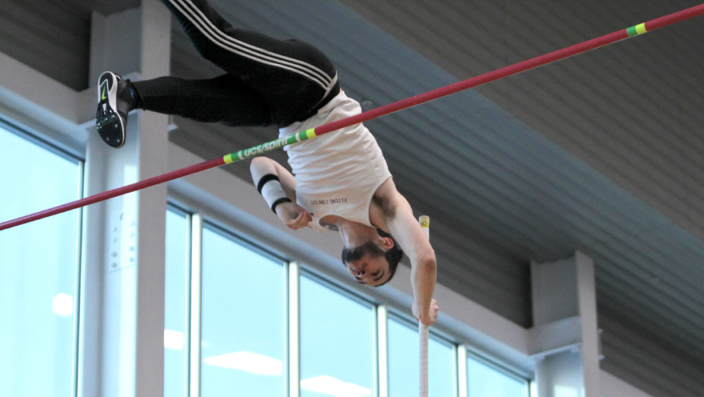 Junior pole-vaulter Martin Desmery practices at the Athletics and Events Center. Desmery broke the school pole-vaulting record March 2. 