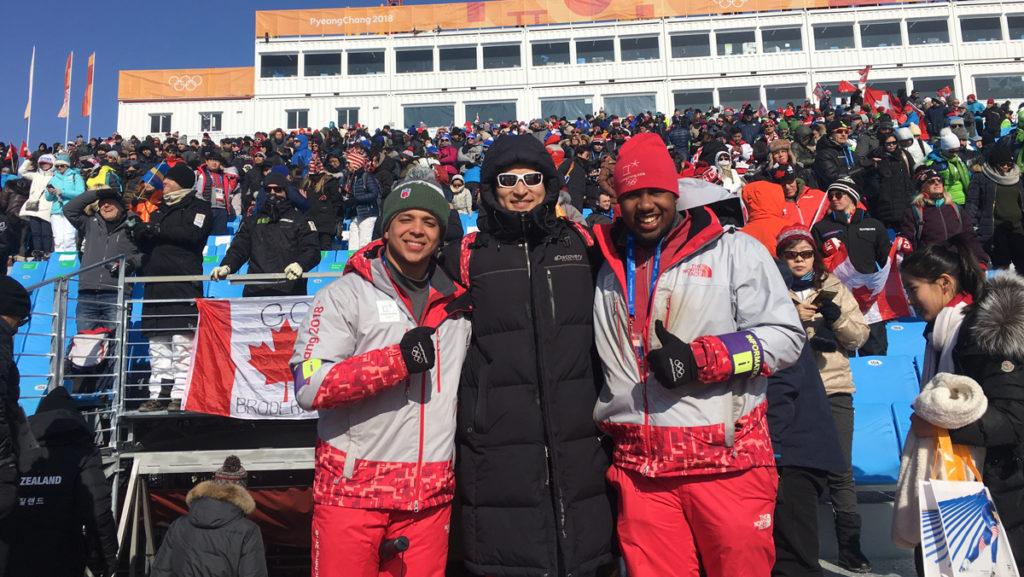 From left, junior Devin Nunez, professor WonyuL Bae and senior Keon Broadnax participate at the Winter Olympics in South Korea.