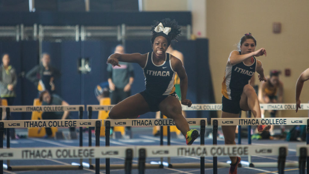 Senior hurdler Amber Edwards finishes in first place in the 60-meter hurdles at the Ithaca Quad  in the Athletics and Events Center on Jan. 21, 2017. Edwards ran to a time of 9.36 seconds.