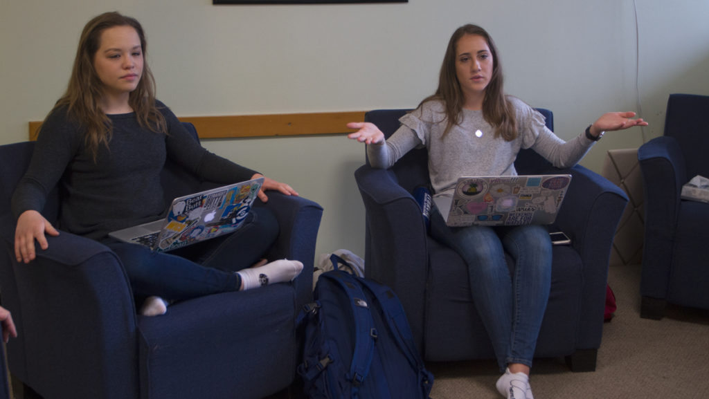 From left, sophomores Sarah Horbacewicz and Kristin Butler developed the Ambassador Program, which is sponsored by the Center for Counseling and Psychological Services and the CAPS Committee.