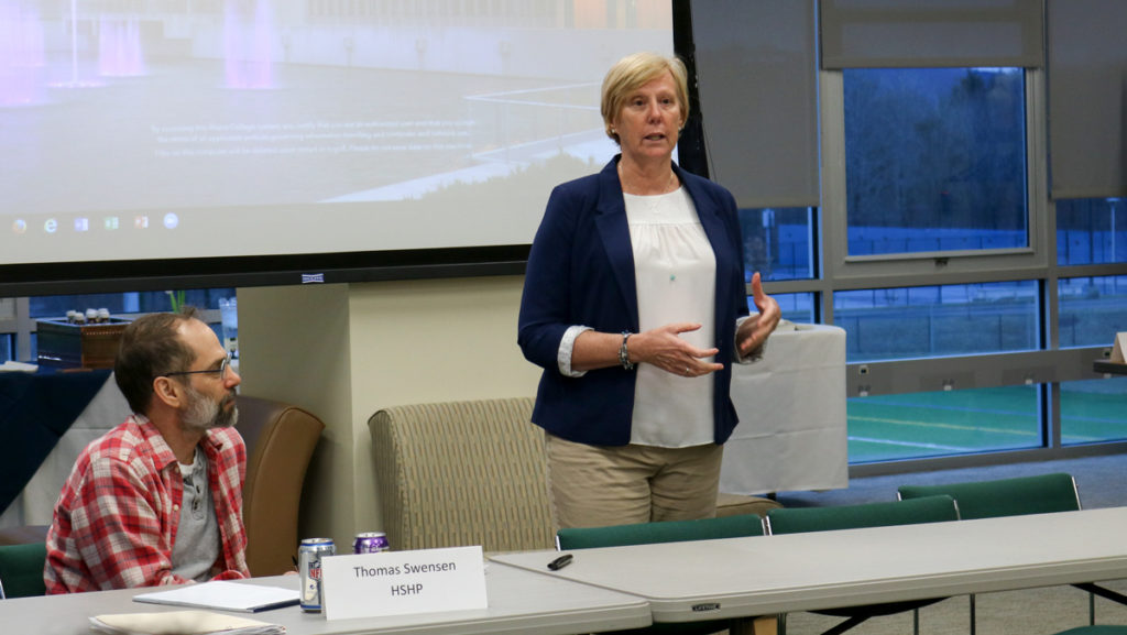 Barbara Belyea, clinical professor and associate chair in the Department of Physical Therapy, spoke at the Faculty Council meeting about student athletes and their academic performance.