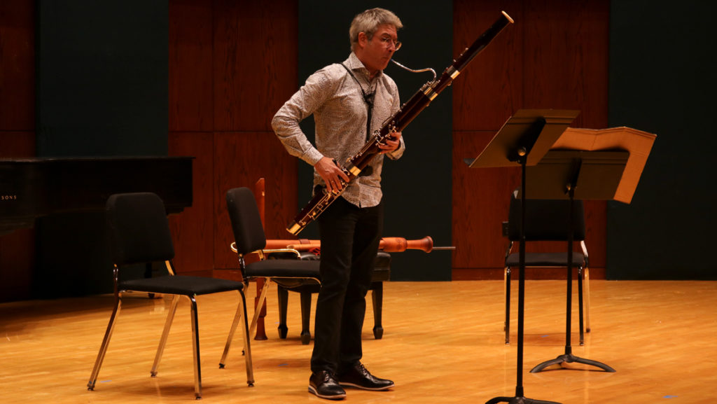  Bassonist Fabio Cury performs at a concert of Middle Ages and 21st-century music April 9 in Hockett Family Recital Hall. The event included music by IC composition  students. GReCO Camerata, a chamber group from Sao Paulo, Brazil, performed. 